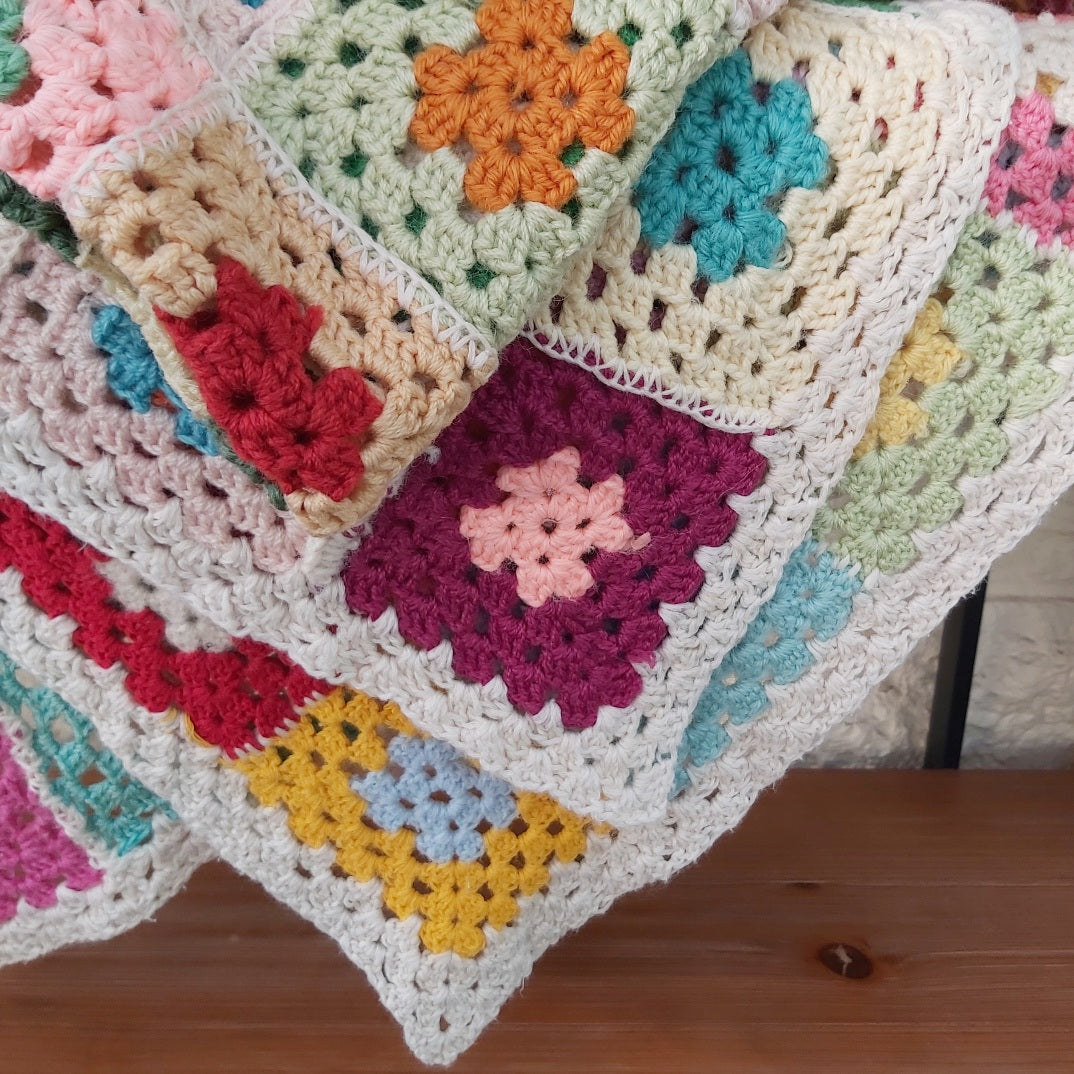 Vintage Wool Crochet Granny Squares Blanket