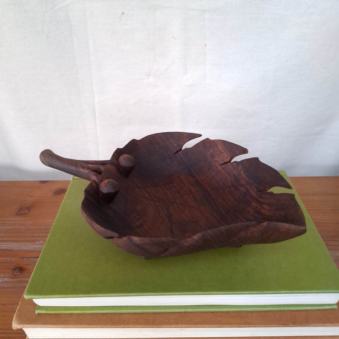 Vintage Grape Leaf Carved Wood Bowl