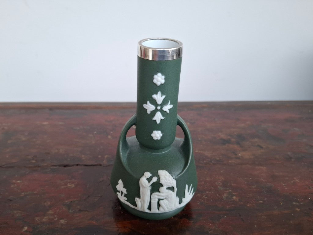Rare Antique Edwardian Jasperware Vase with Sterling Silver Rim