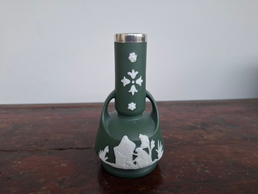 Rare Antique Edwardian Jasperware Vase with Sterling Silver Rim