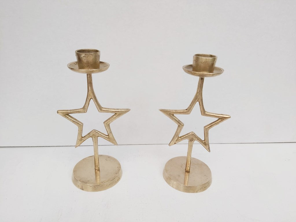 Pair of Brass Star Tapered Candle Holders