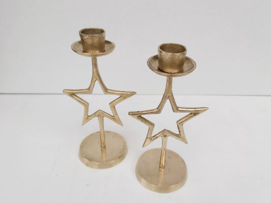 Pair of Brass Star Tapered Candle Holders