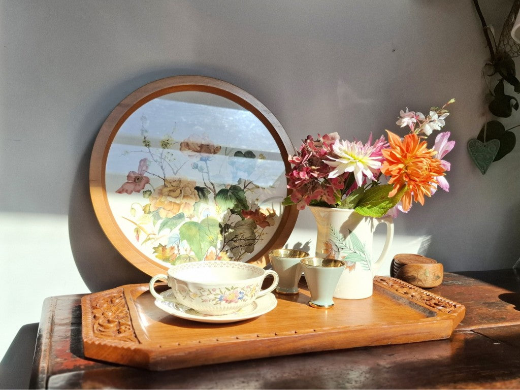 Set of 6 Vintage Boho Floral Engraved Wood Coasters