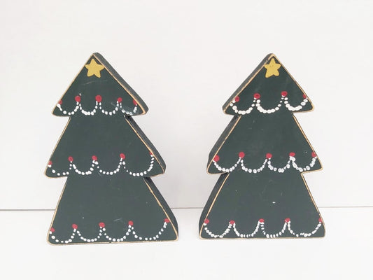 Pair of Vintage Handpainted Folk Art Christmas Tree Table Decorations