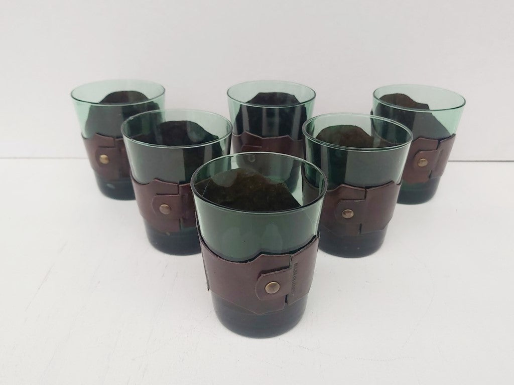 Mid Century Italian Green Glasses with Leather Cuffs Set of 6