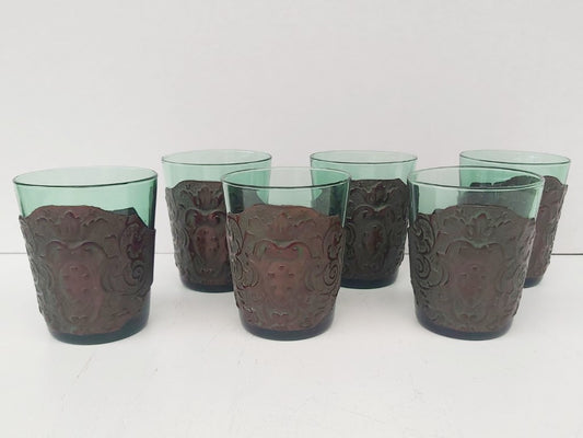 Mid Century Italian Green Glasses with Leather Cuffs Set of 6