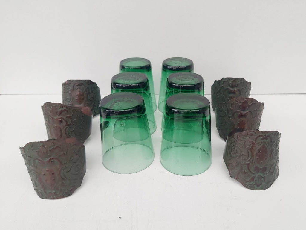 Mid Century Italian Green Glasses with Leather Cuffs Set of 6