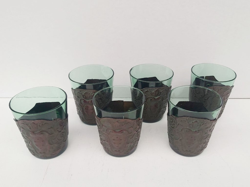 Mid Century Italian Green Glasses with Leather Cuffs Set of 6
