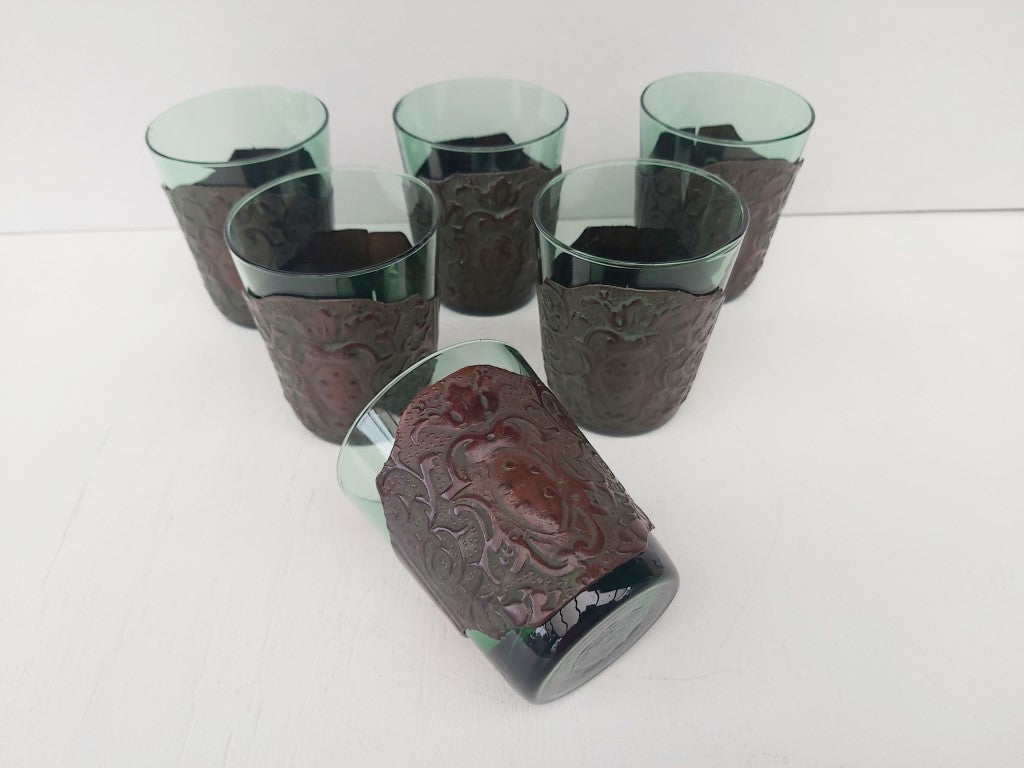 Mid Century Italian Green Glasses with Leather Cuffs Set of 6