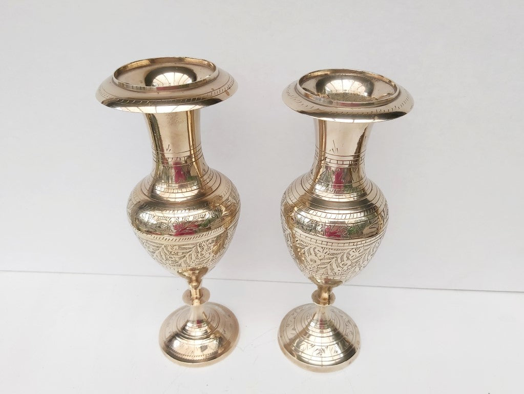 Pair of Matching Engraved Brass Vases