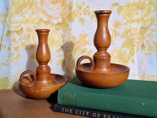 Pair of Hand Turned Wood Candle Holders