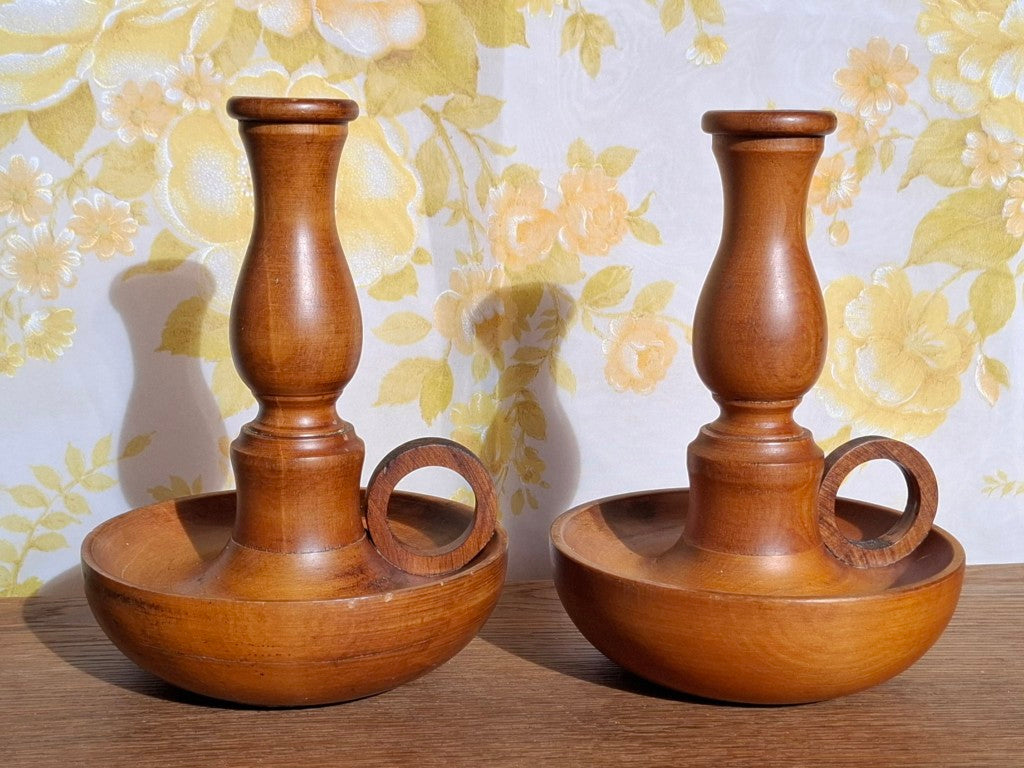 Pair of Hand Turned Wood Candle Holders