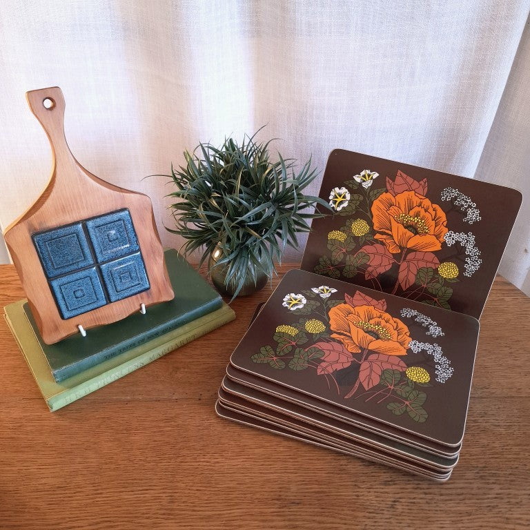 Rare Set of 11 Vintage Retro Orange and Brown Flower Power 1970's St Michael Placemats