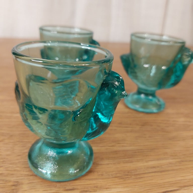 Set of 3 French Turquoise Glass Chicken Egg Cups