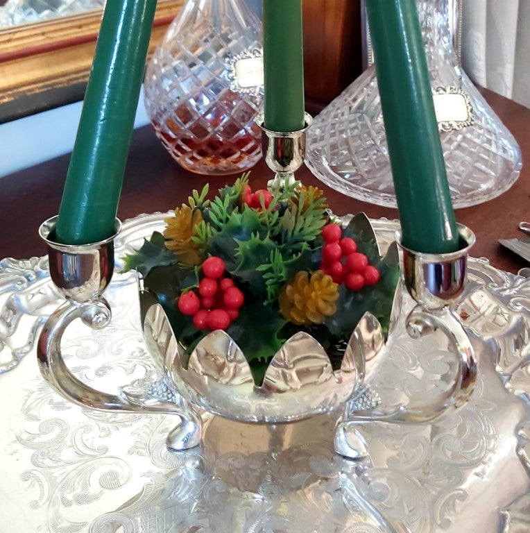 Vintage 3 Arm Silver Plated Lotus Bowl Floral Candle Holder