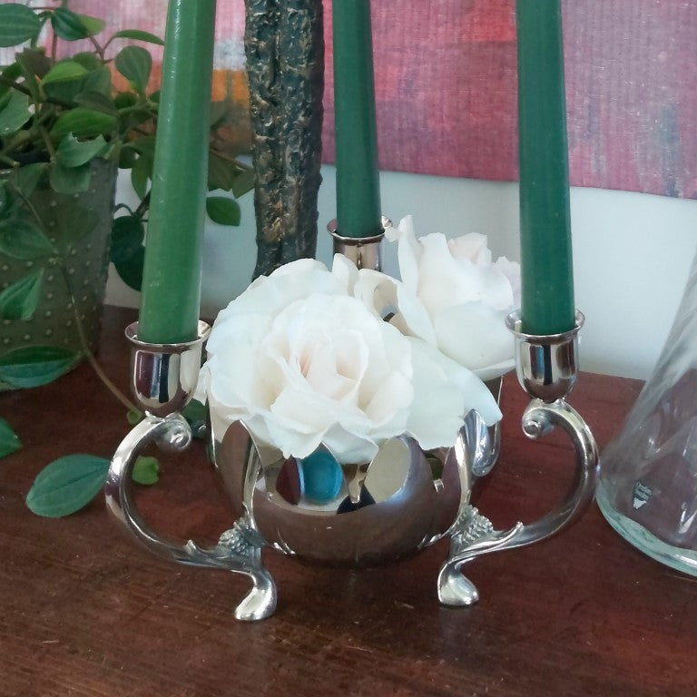 Vintage 3 Arm Silver Plated Lotus Bowl Floral Candle Holder