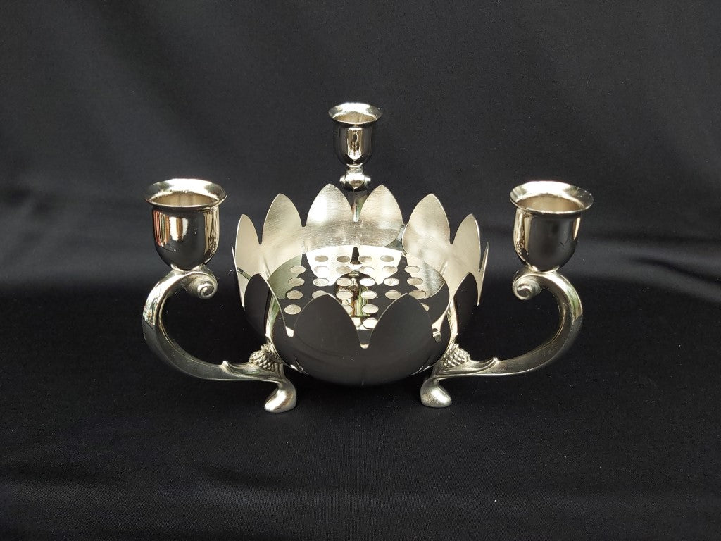 Vintage 3 Arm Silver Plated Lotus Bowl Floral Candle Holder