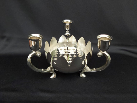 Vintage 3 Arm Silver Plated Lotus Bowl Floral Candle Holder