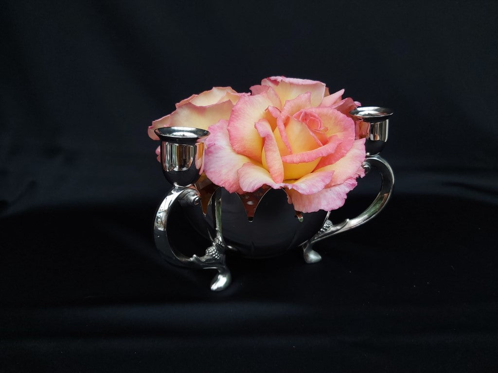 Vintage 3 Arm Silver Plated Lotus Bowl Floral Candle Holder