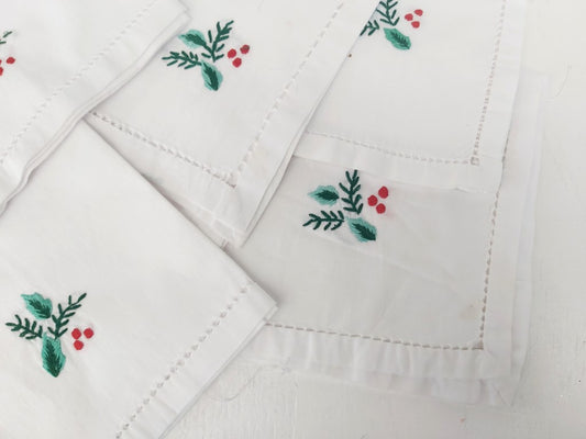 Set of 6 Cotton Napkins with Holly Embroidery