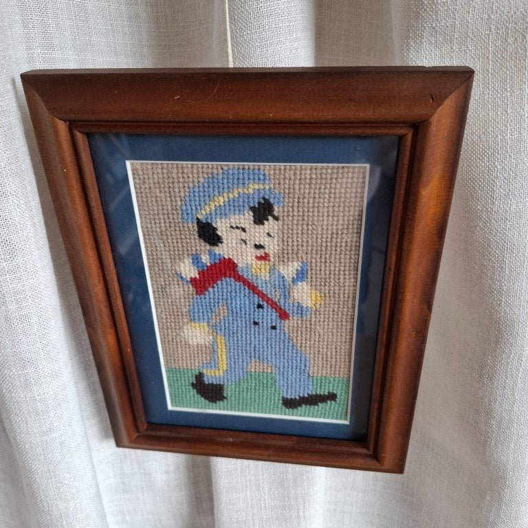Vintage Framed Wool Needlepoint Embroidery of a Boy in Uniform