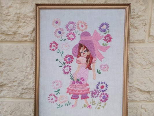 Vintage Framed Floral Girl Embroidery