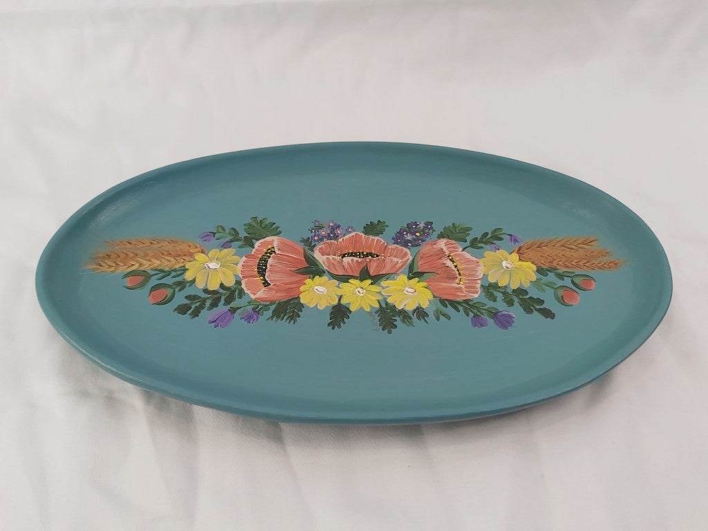 Vintage Ceramic Folk Art Painted Oval Dish