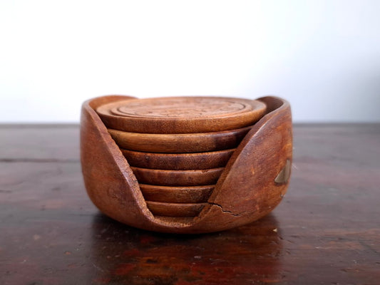 Set of 6 Vintage Boho Floral Engraved Wood Coasters