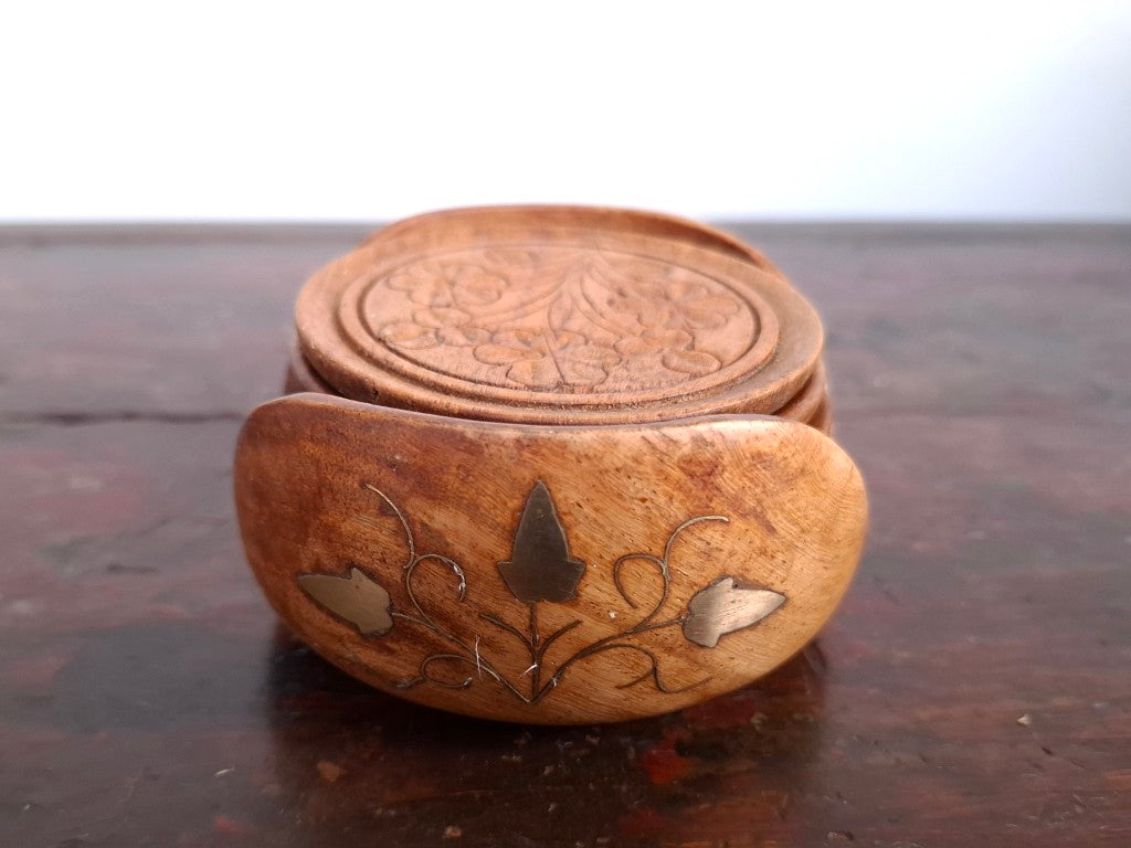 Set of 6 Vintage Boho Floral Engraved Wood Coasters