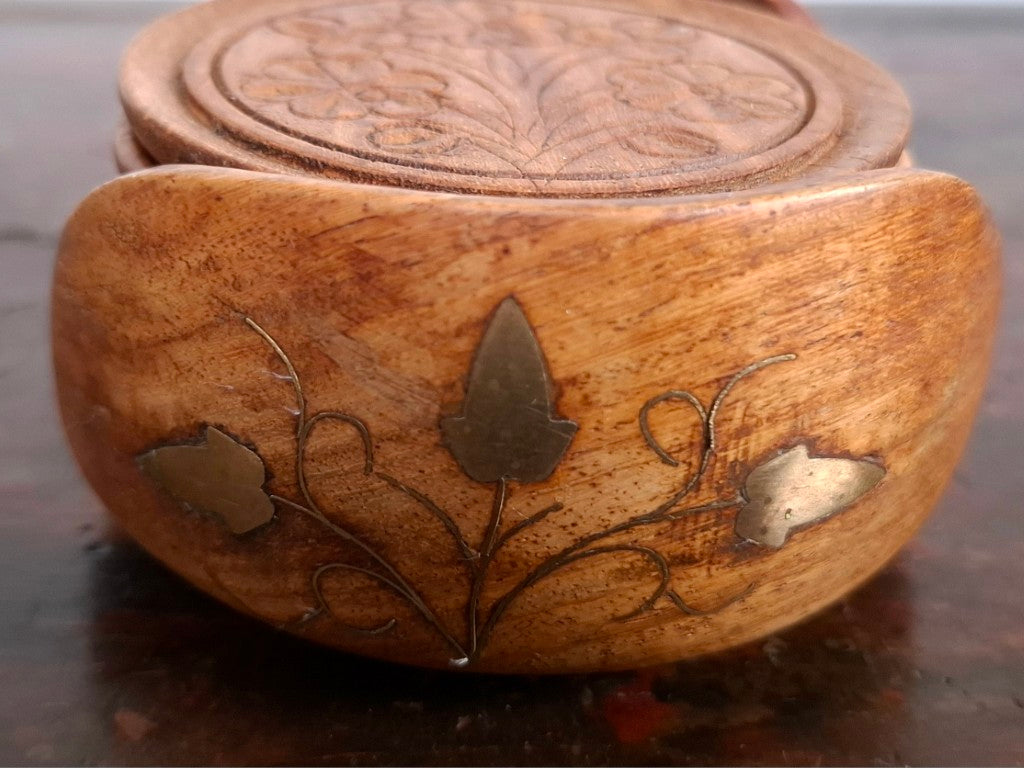Set of 6 Vintage Boho Floral Engraved Wood Coasters