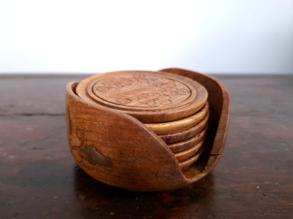 Set of 6 Vintage Boho Floral Engraved Wood Coasters