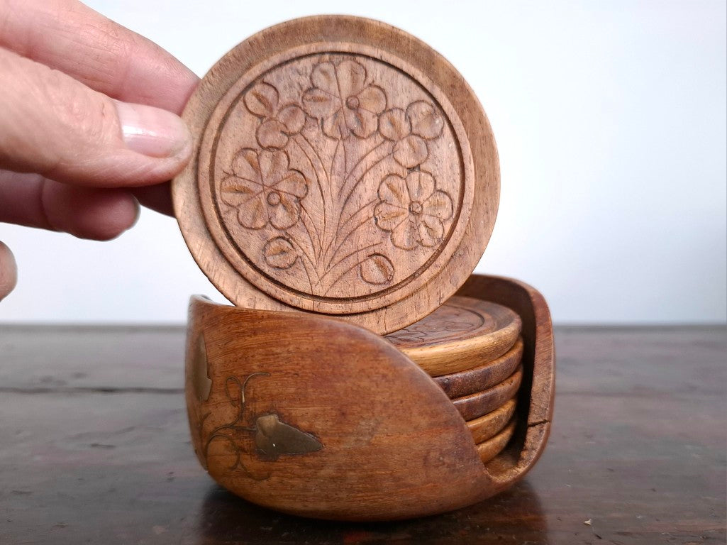 Set of 6 Vintage Boho Floral Engraved Wood Coasters