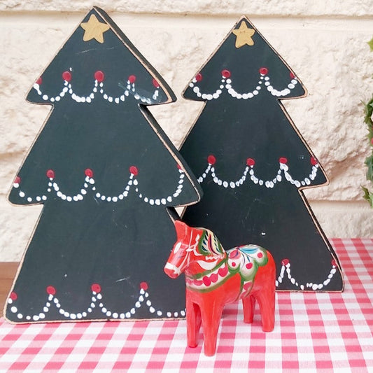 Pair of Vintage Handpainted Folk Art Christmas Tree Table Decorations