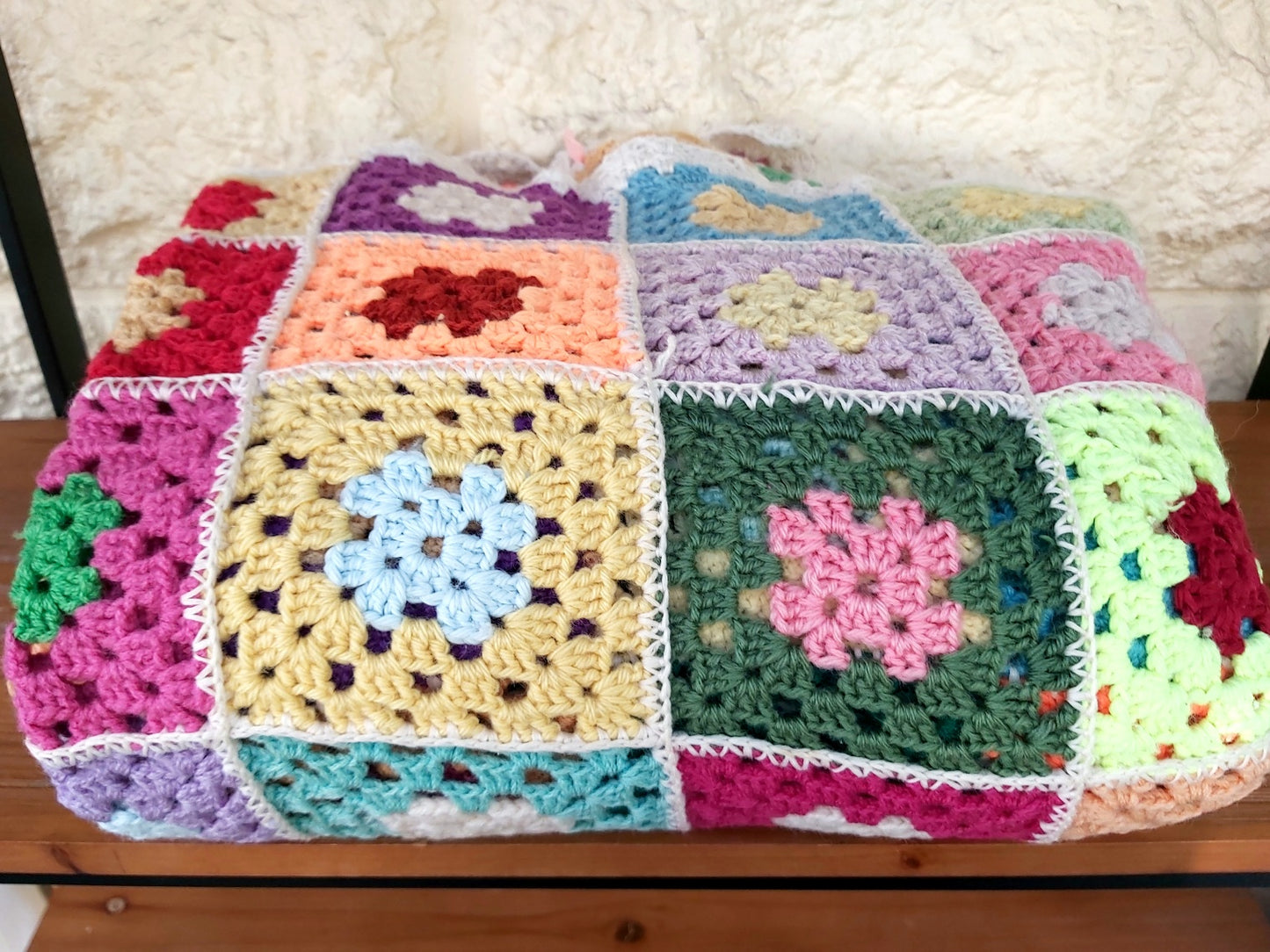 Vintage Wool Crochet Granny Squares Blanket