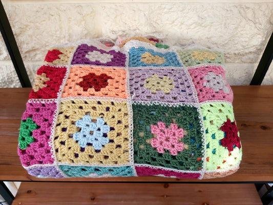 Vintage Wool Crochet Granny Squares Blanket