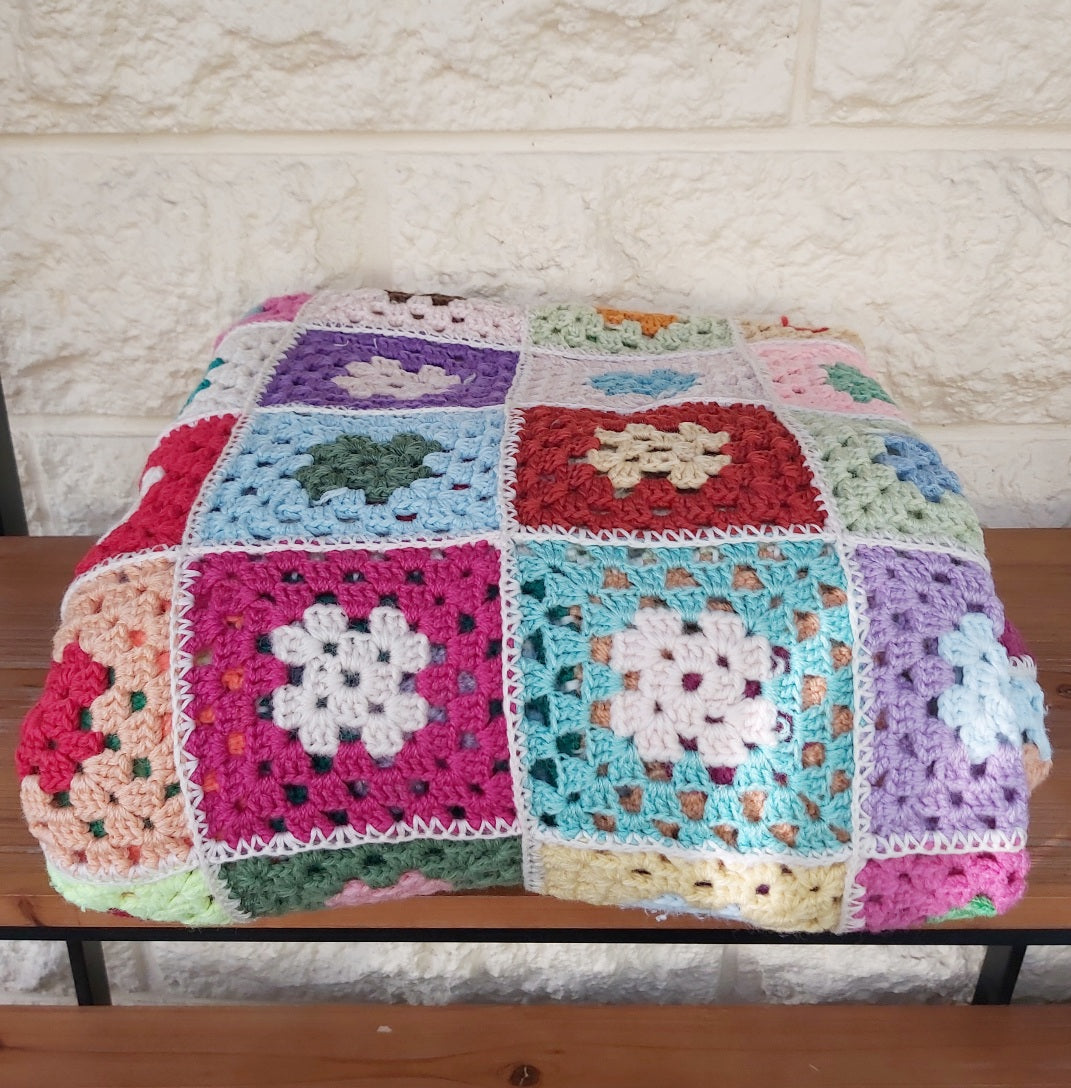 Vintage Wool Crochet Granny Squares Blanket