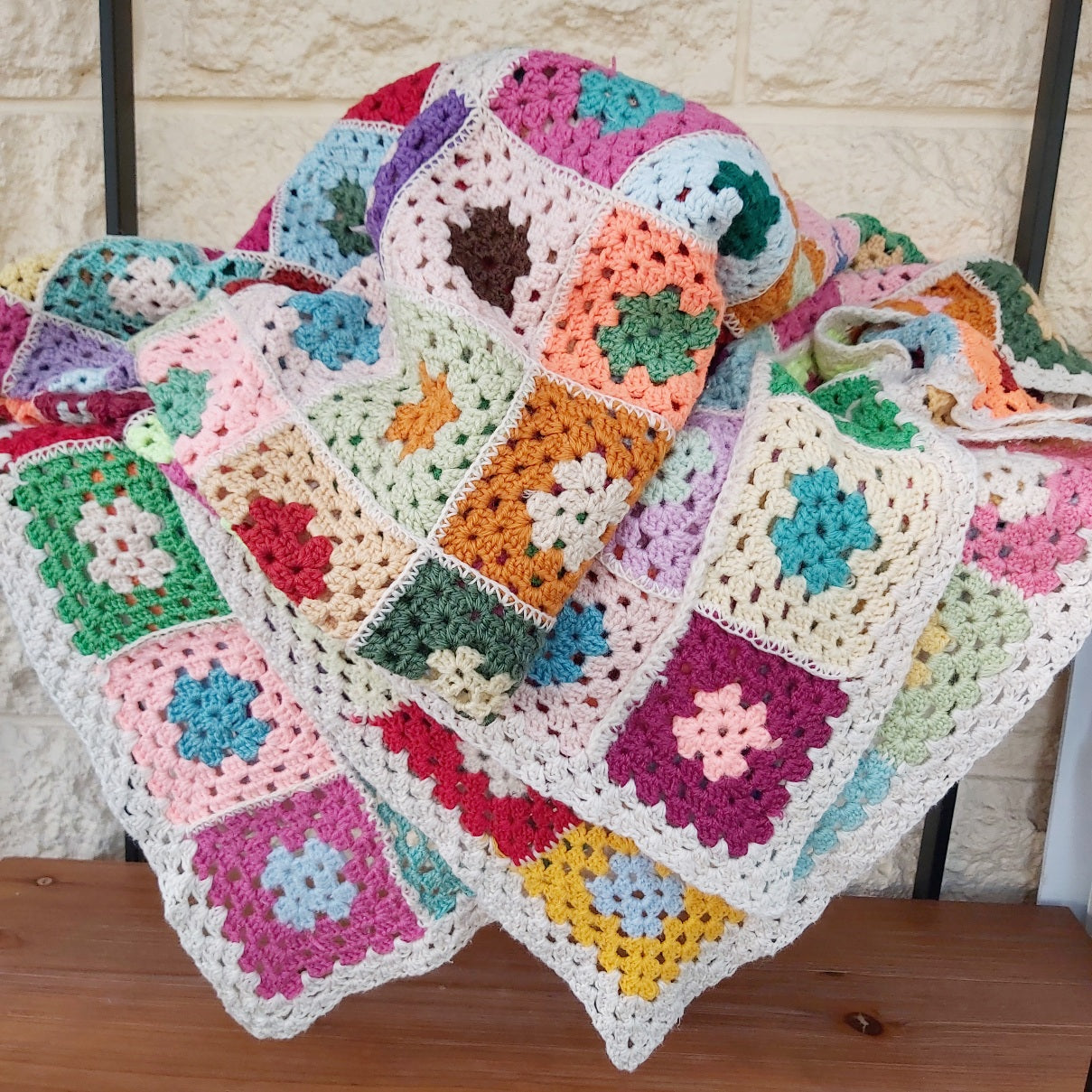 Vintage Wool Crochet Granny Squares Blanket