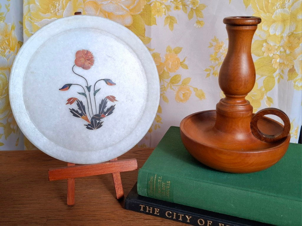 Vintage Floral Pietra Dura Marble Inlay Plate