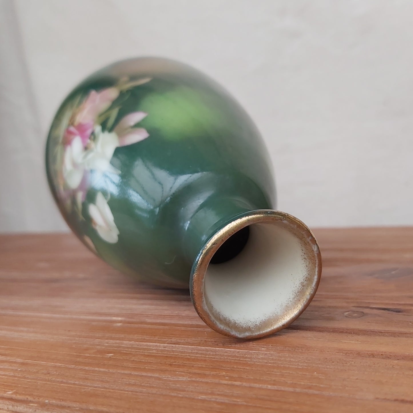 Pretty Antique Green Vase with Gold Rim
