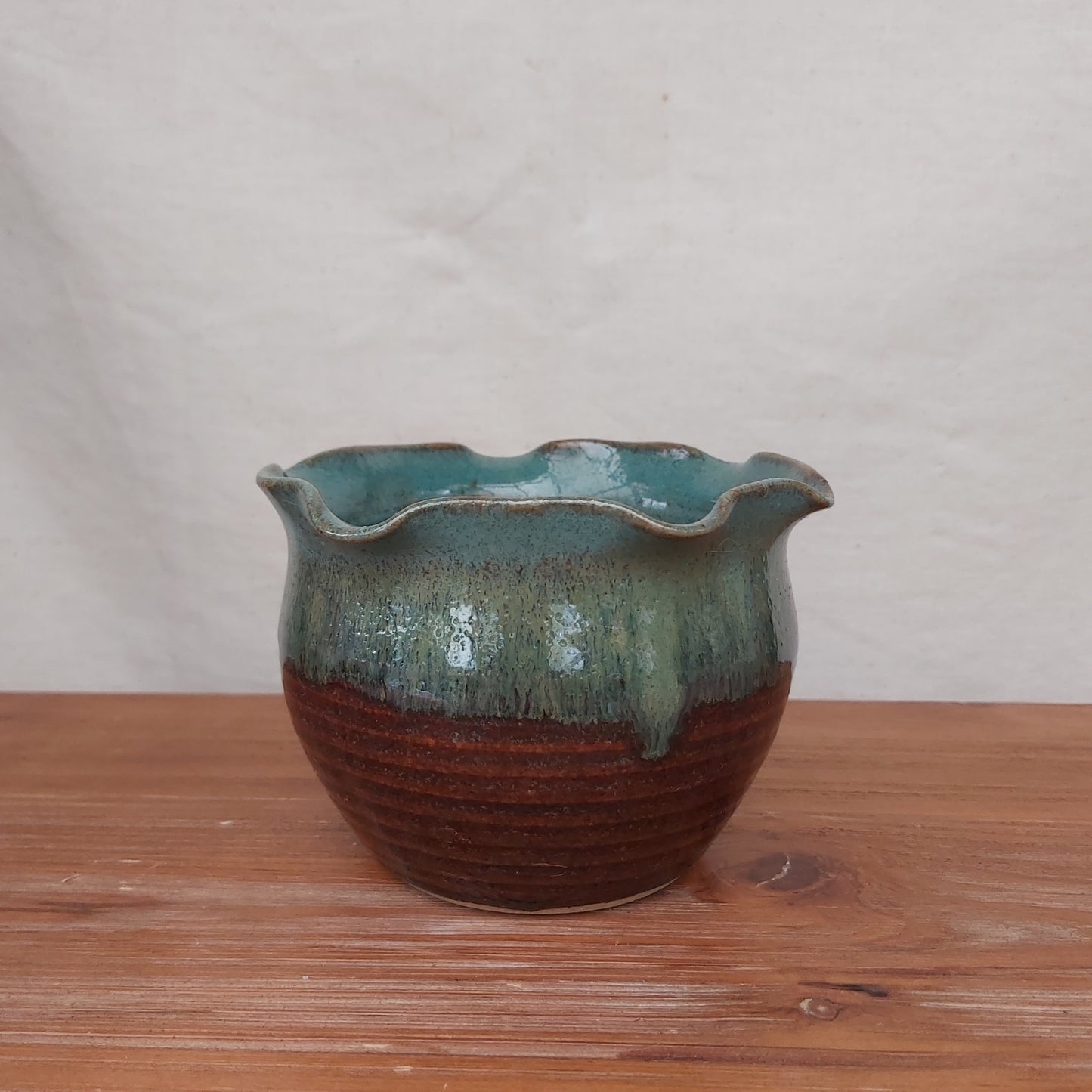 Ruffle Rim Stoneware Signed Pot