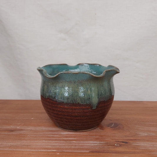 Ruffle Rim Stoneware Signed Pot