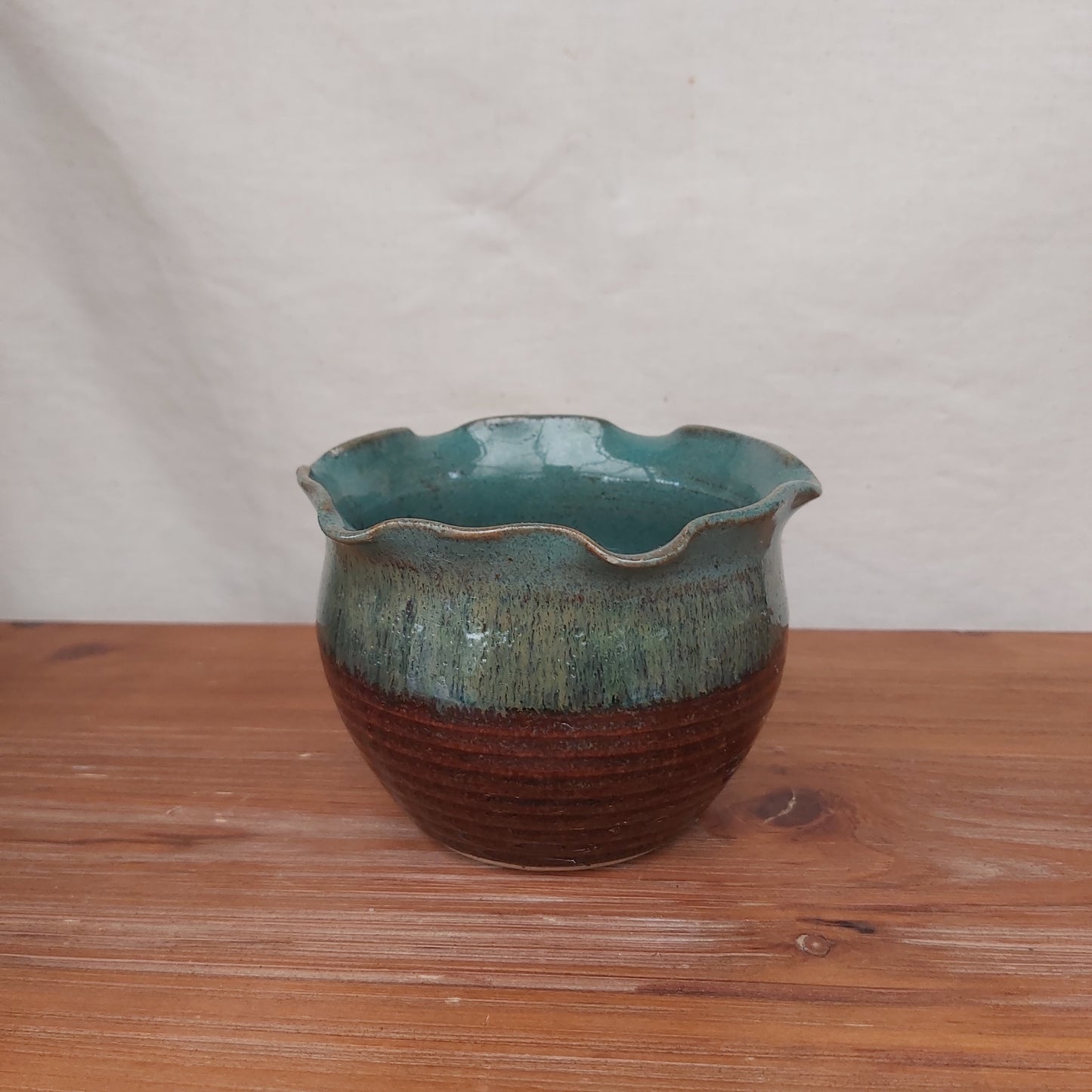 Ruffle Rim Stoneware Signed Pot
