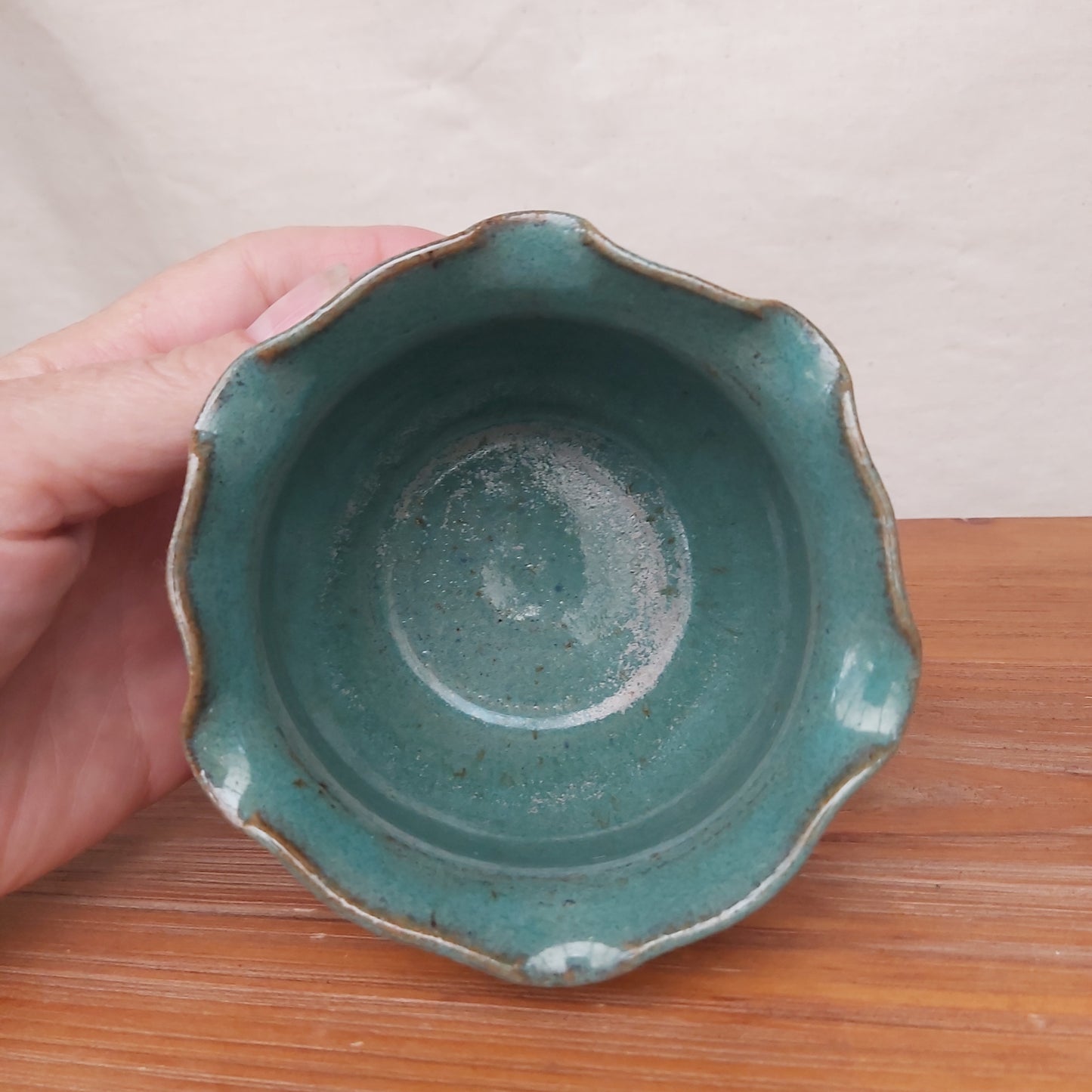 Ruffle Rim Stoneware Signed Pot