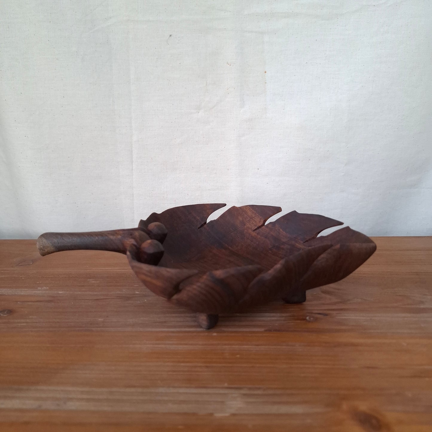 Vintage Grape Leaf Carved Wood Bowl