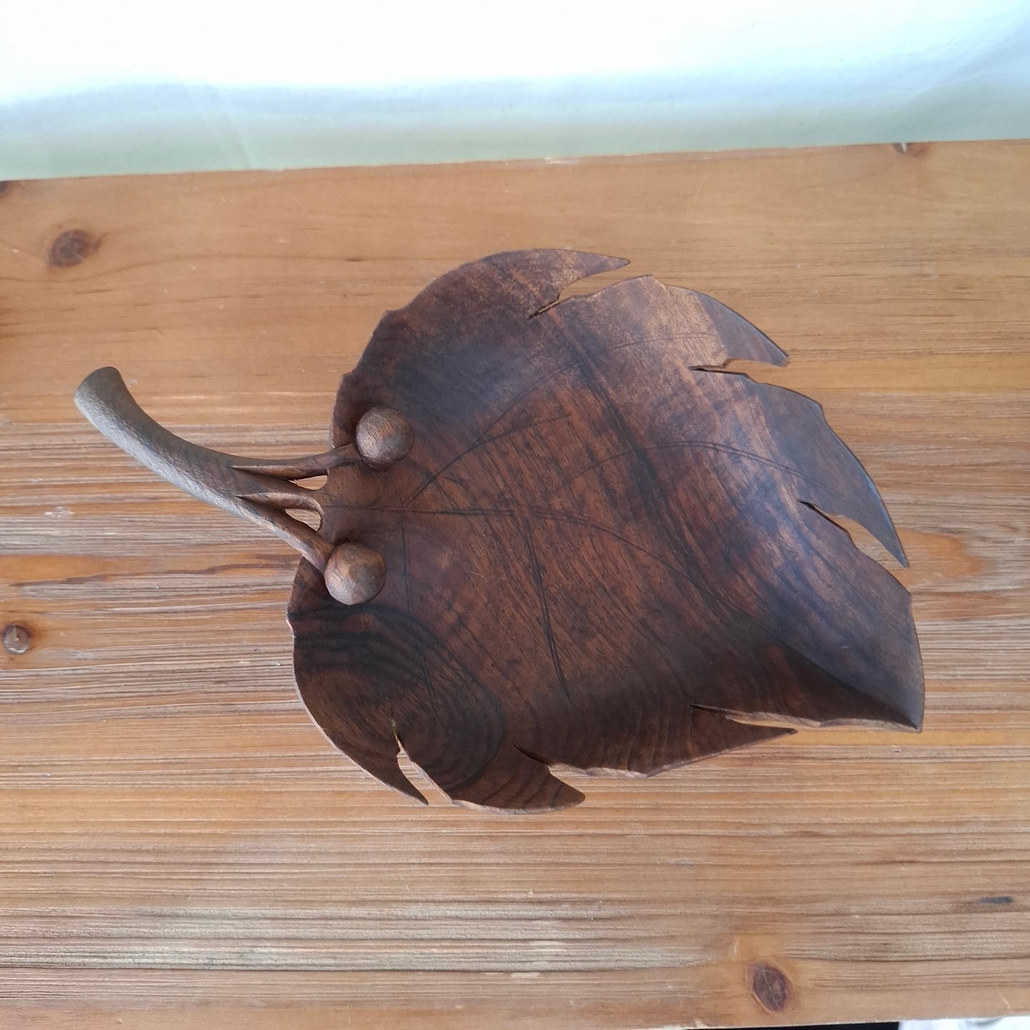 Vintage Grape Leaf Carved Wood Bowl