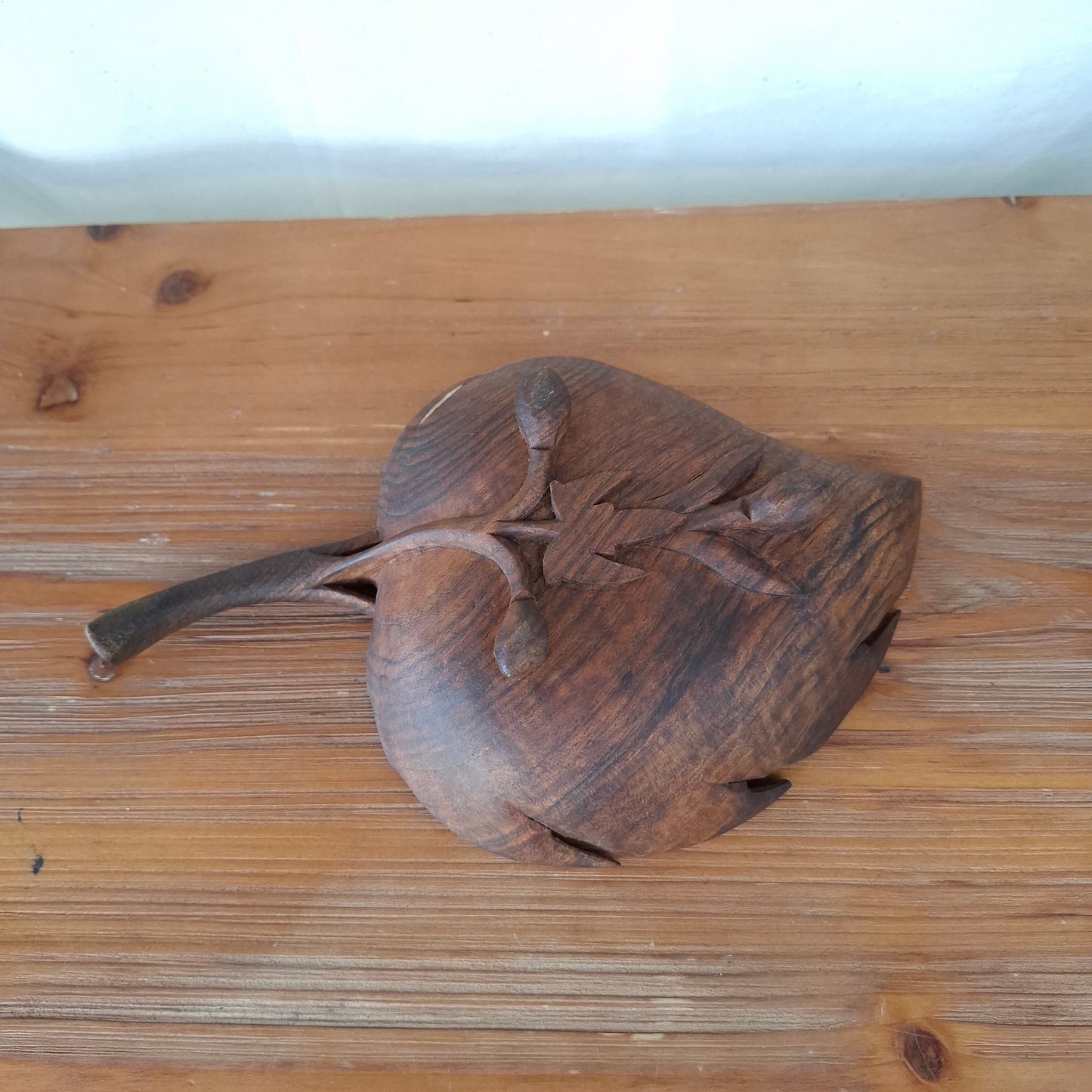 Vintage Grape Leaf Carved Wood Bowl