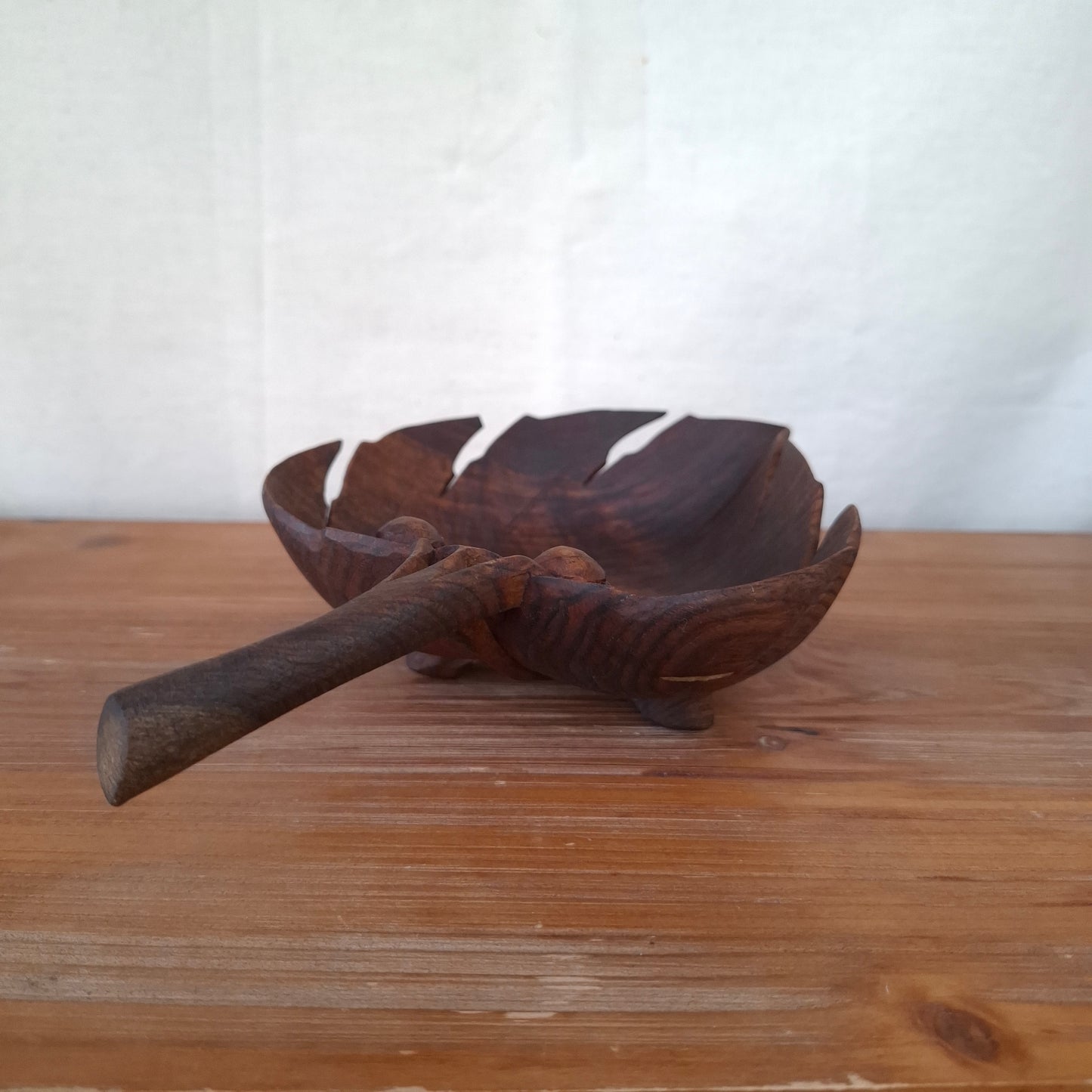 Vintage Grape Leaf Carved Wood Bowl
