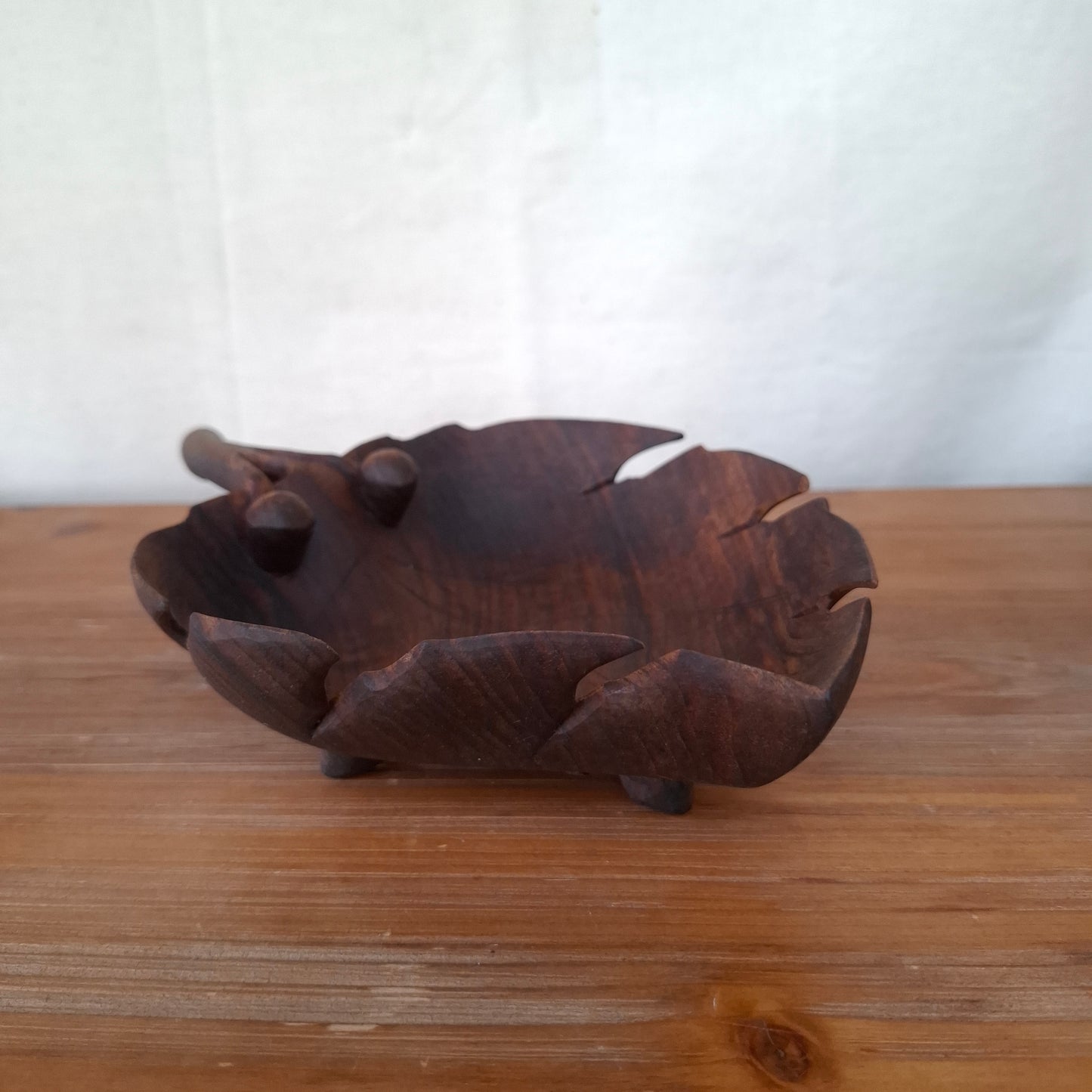 Vintage Grape Leaf Carved Wood Bowl
