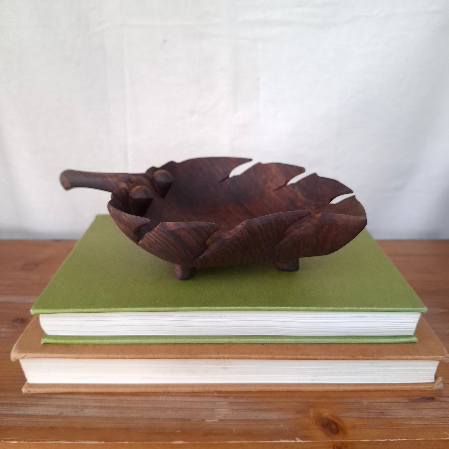 Vintage Grape Leaf Carved Wood Bowl