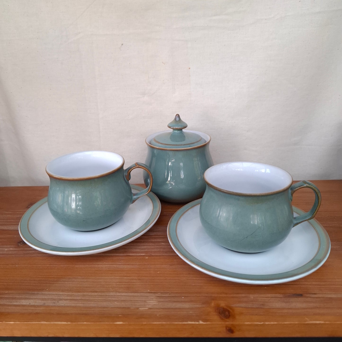 Pair of Denby Regency Green Cups & Saucers with Lidded Sugar Bowl